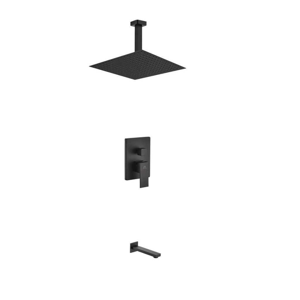 Aqua Piazza Matte Black Shower Set with 12″ Ceiling Mount Square Rain Shower and Tub Filler