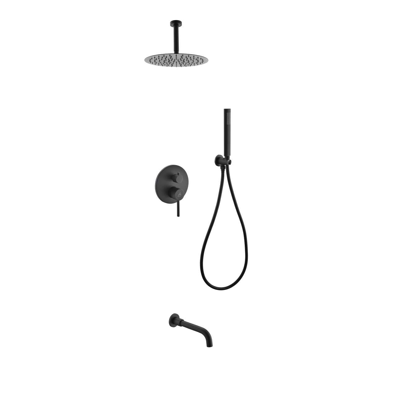 Aqua Rondo Brass Shower Set w/ 8″ Ceiling Mount Round Rain Shower, Handheld and Tub Filler – Black