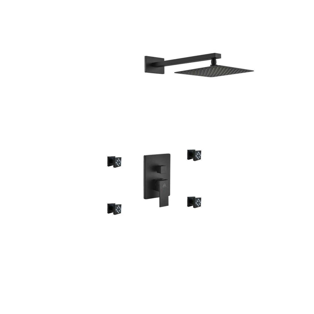 Aqua Piazza Matte Black Shower Set with 8″ Square Rain Shower and 4 Body Jets