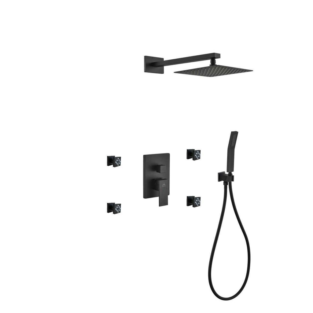 Aqua Piazza Matte Black Shower Set with 12″ Square Rain Shower, Handheld and 4 Body Jets