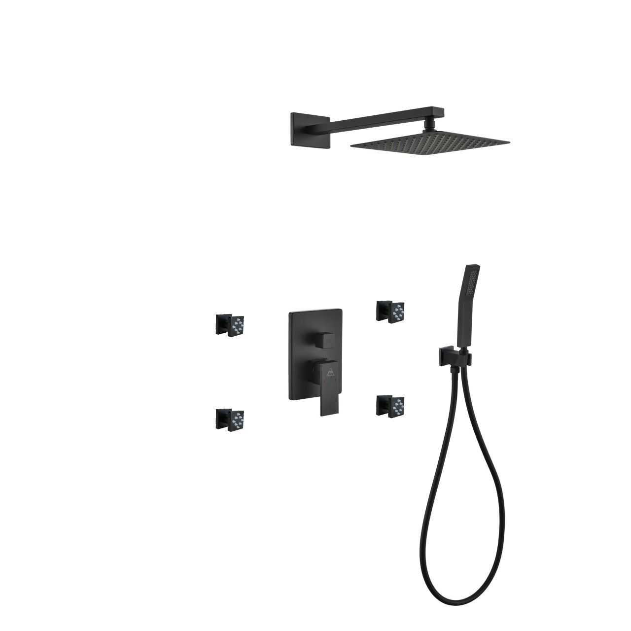 Aqua Piazza Matte Black Shower Set with 12″ Square Rain Shower, Handheld and 4 Body Jets