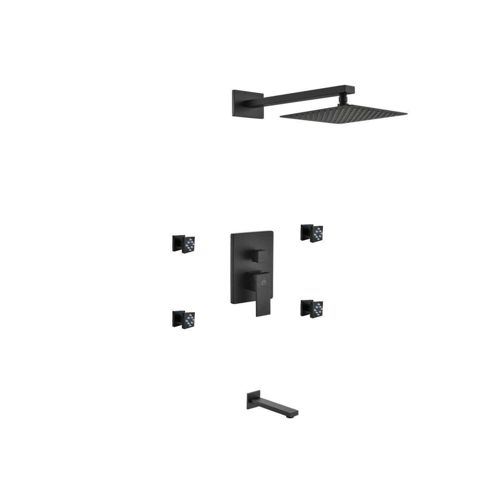 Aqua Piazza Matte Black Shower Set with 8″ Square Rain Shower, 4 Body Jets and Tub Filler