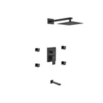 Aqua Piazza Matte Black Shower Set with 8″ Square Rain Shower, 4 Body Jets and Tub Filler