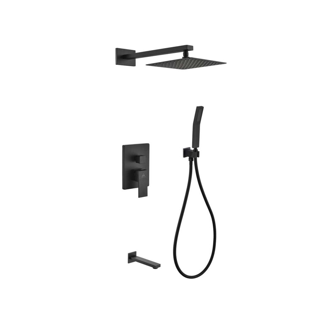 Aqua Piazza Matte Black Shower Set with 8″ Square Rain Shower, Tub Filler and Handheld