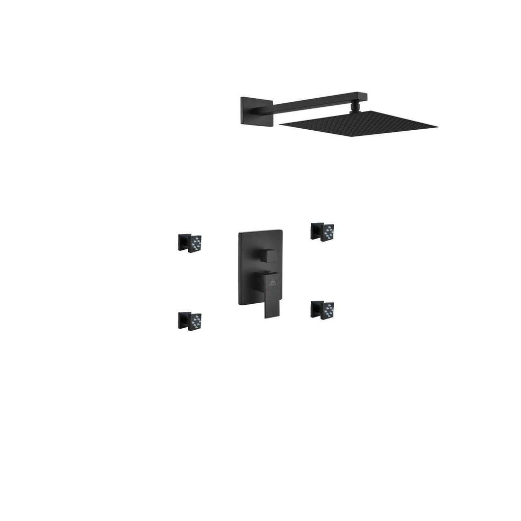 Aqua Piazza Matte Black Shower Set with 12″ Square Rain Shower and 4 Body Jets