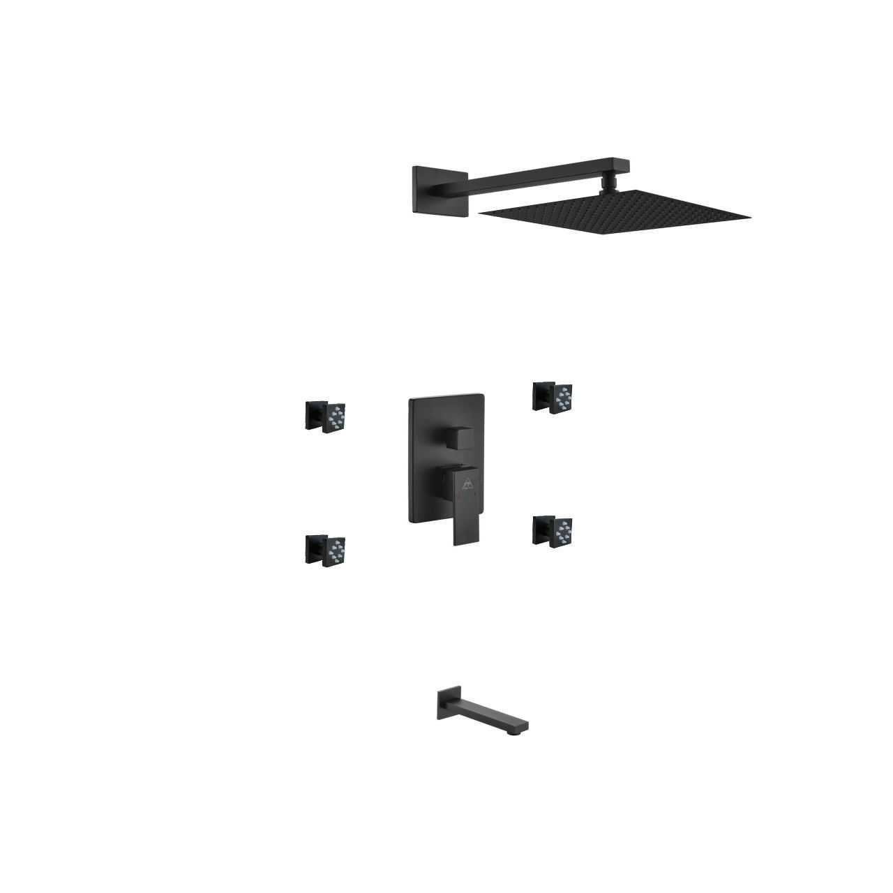 Aqua Piazza Matte Black Shower Set with 12″ Square Rain Shower, Tub Filler and 4 Body Jets