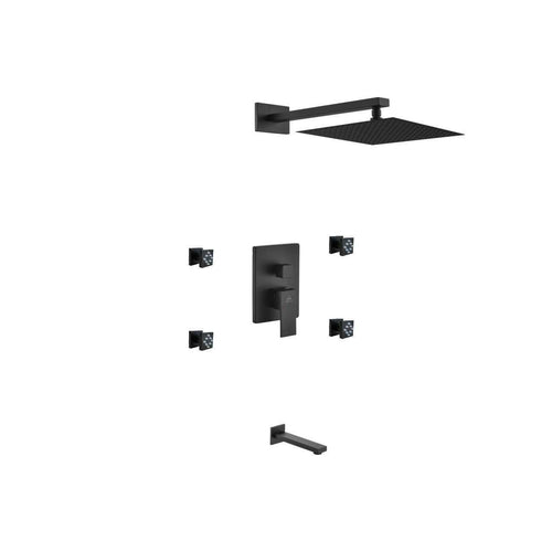 Aqua Piazza Matte Black Shower Set with 12″ Square Rain Shower, Tub Filler and 4 Body Jets
