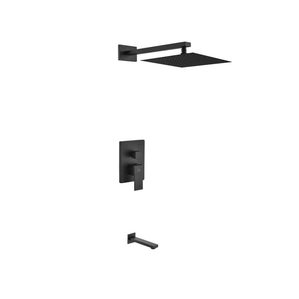 Aqua Piazza Matte Black Shower Set with 12″ Square Rain Shower and Tub Filler
