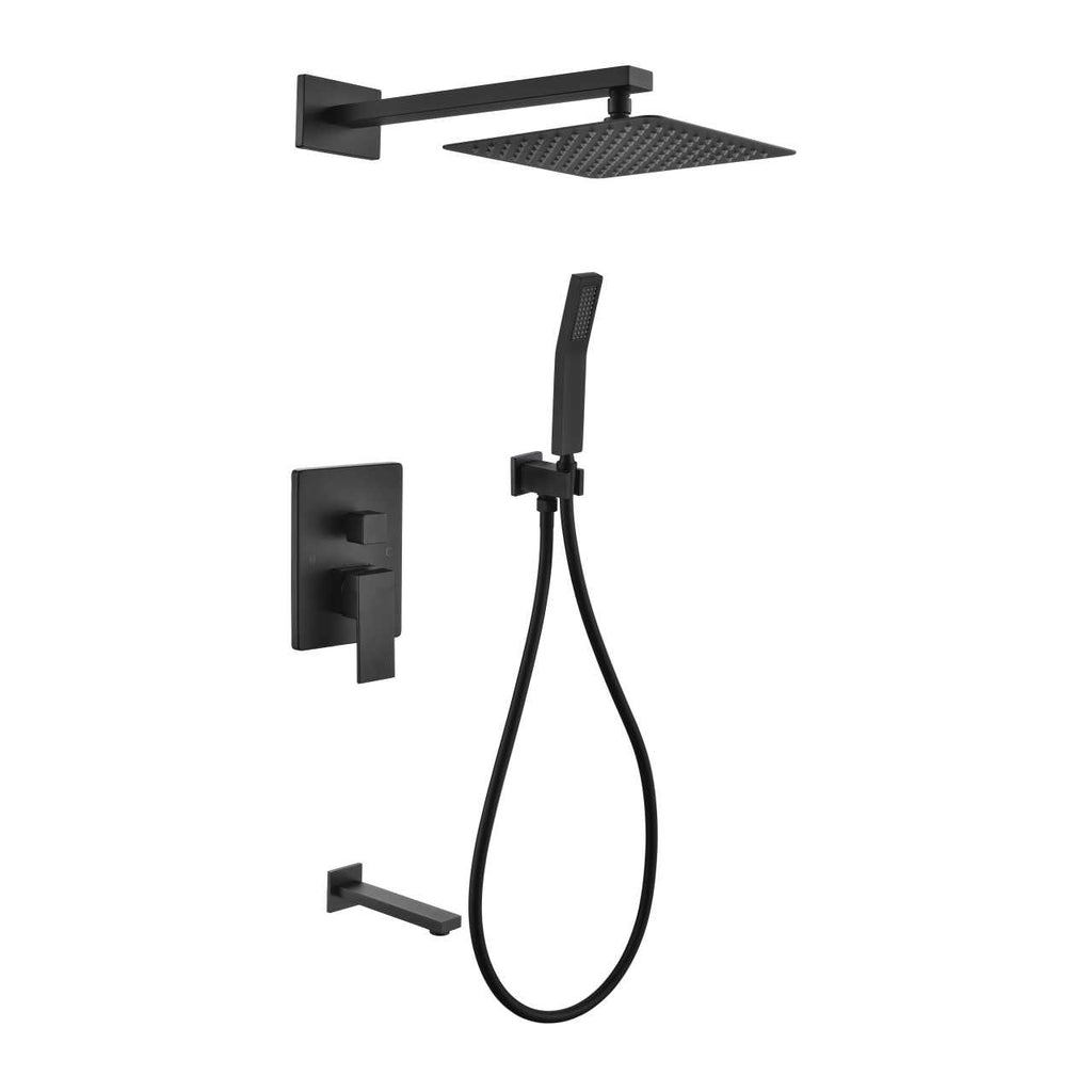 Aqua Piazza Matte Black Shower Set with 12″ Square Rain Shower, Handheld and Tub Filler