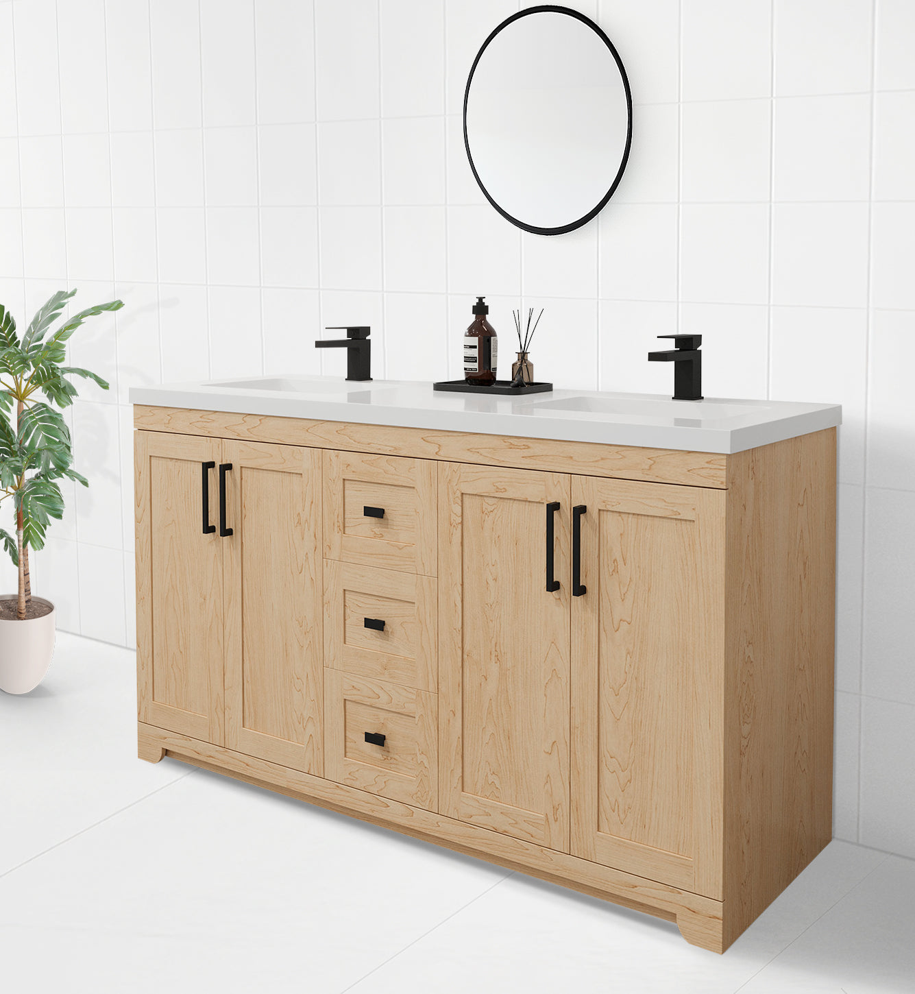 Bridgeport 72" Double Sink Solid-Wood Vanity with Quartz Countertop-Maple