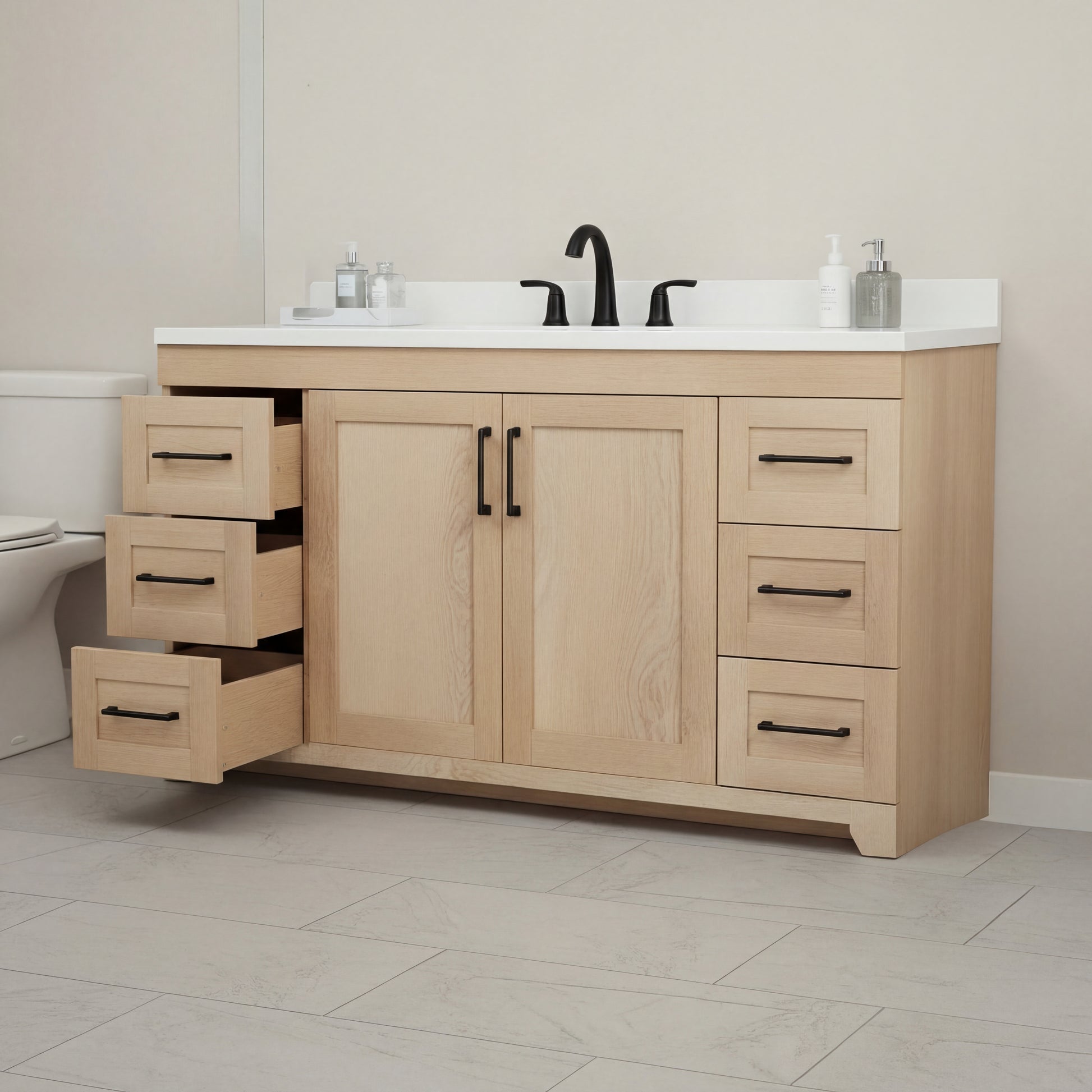 Bridgeport 60" Single Sink Solid-Wood Vanity with Quartz Countertop-Maple