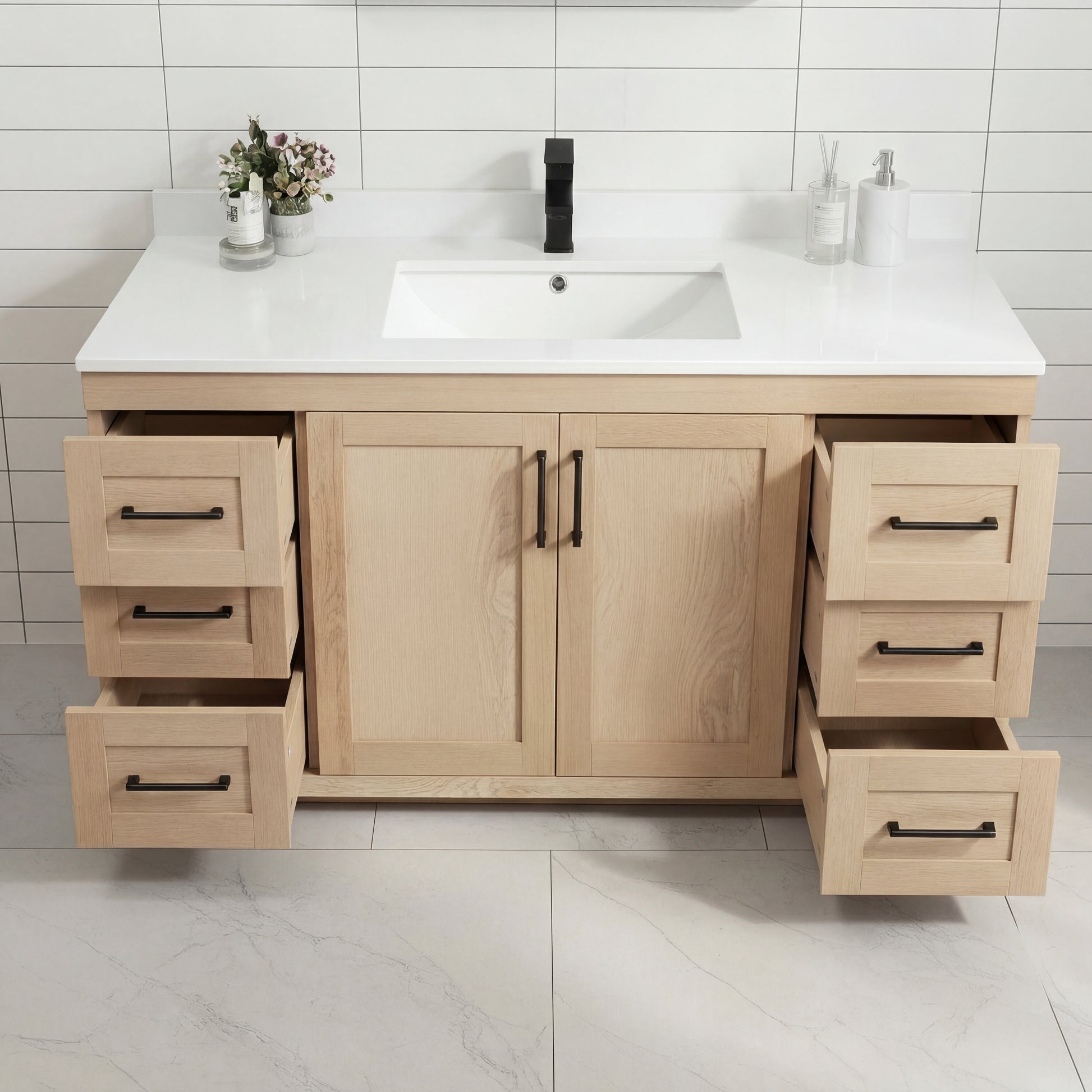 Bridgeport 60" Single Sink Solid-Wood Vanity with Quartz Countertop-Maple
