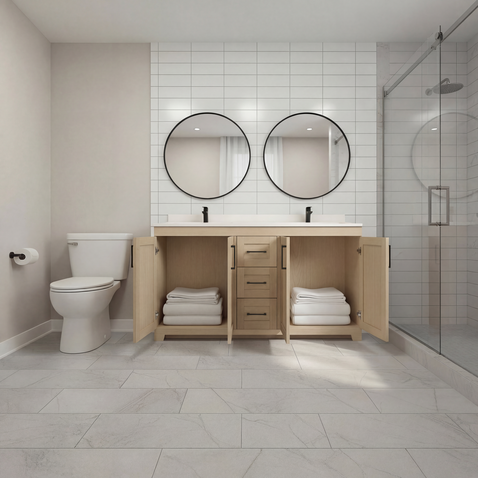 Bridgeport 60" Double Sink Solid-Wood Vanity with Quartz Countertop-Maple