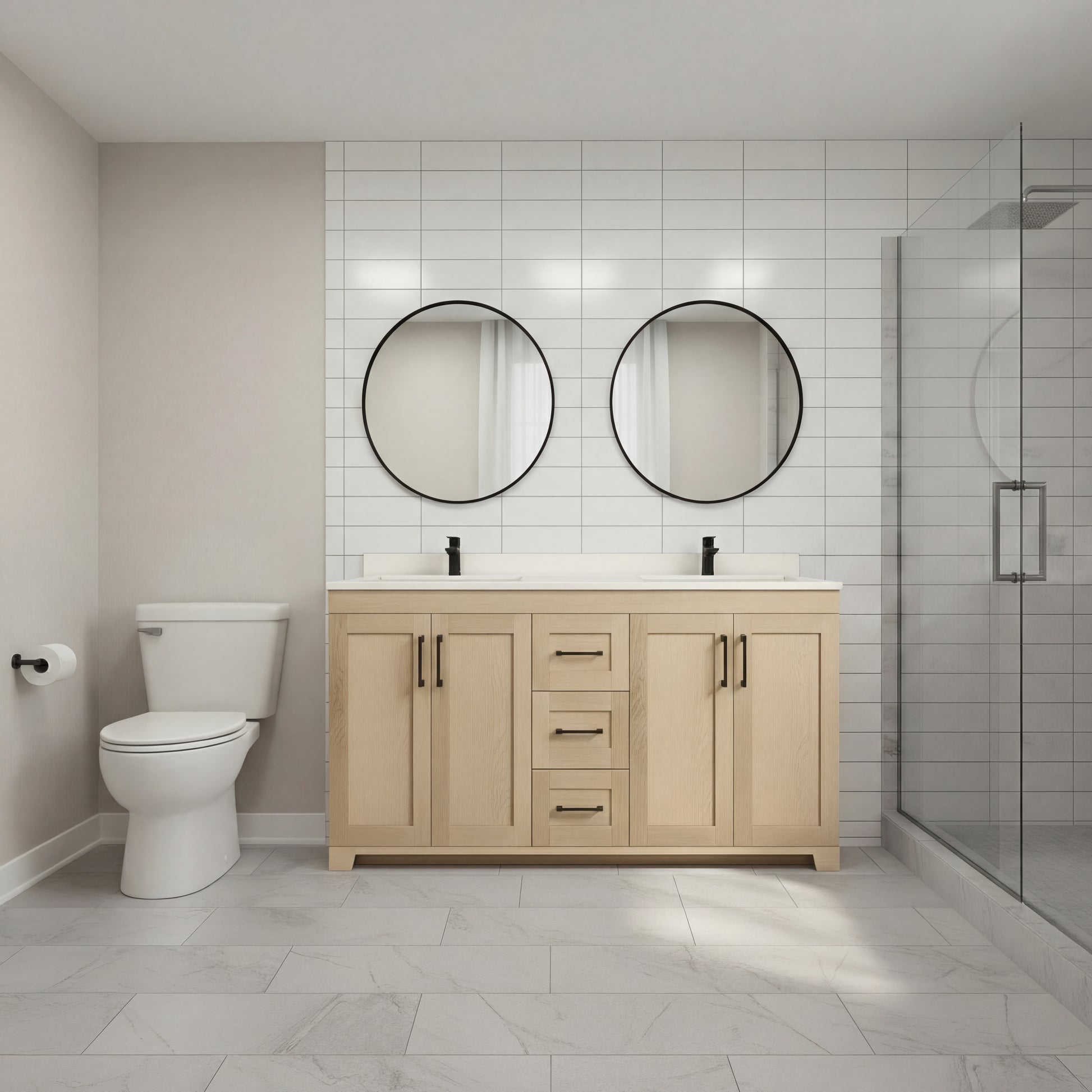 Bridgeport 60" Double Sink Solid-Wood Vanity with Quartz Countertop-Maple