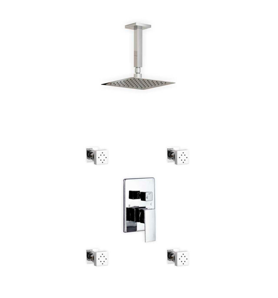 Aqua Piazza Brass Shower Set with 8″ Ceiling Mount Square Rain Shower and 4 Body Jets