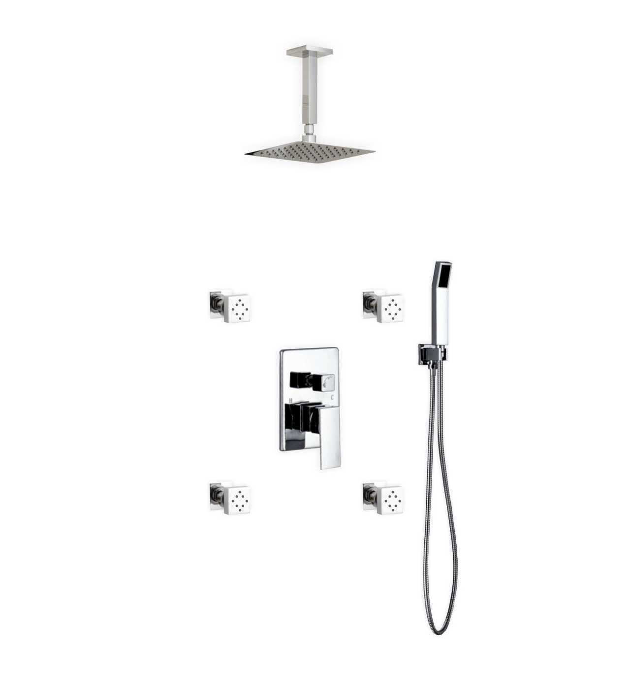 Aqua Piazza Brass Shower Set with 8″ Ceiling Mount Square Rain Shower, Handheld and 4 Body Jets
