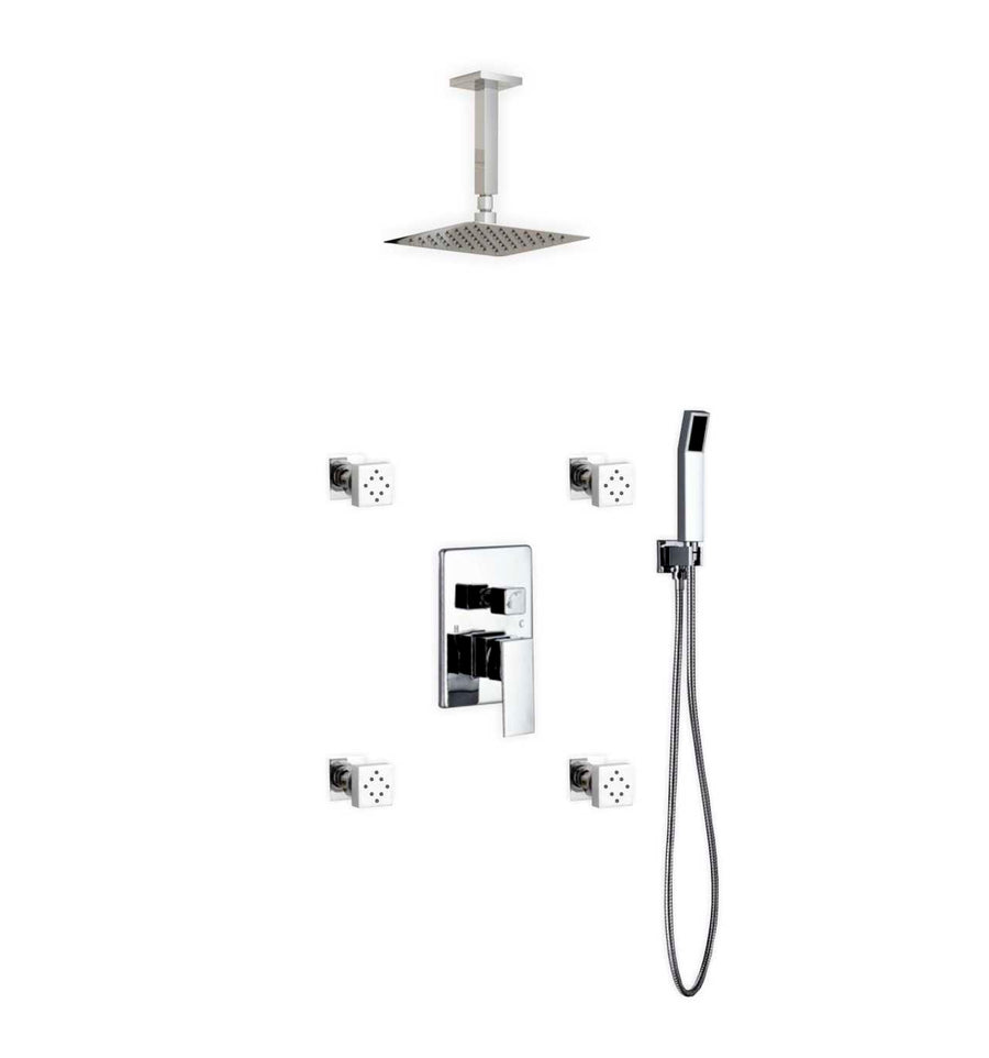 Aqua Piazza Brass Shower Set with 8″ Ceiling Mount Square Rain Shower, Handheld and 4 Body Jets