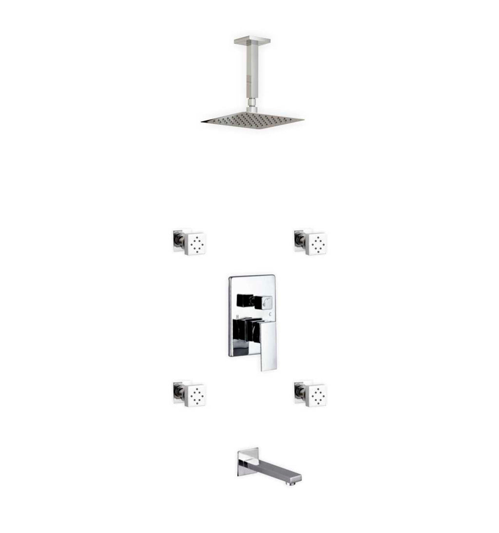 Aqua Piazza Brass Shower Set with 8″ Ceiling Mount Square Rain Shower, Tub Filler and 4 Body Jets