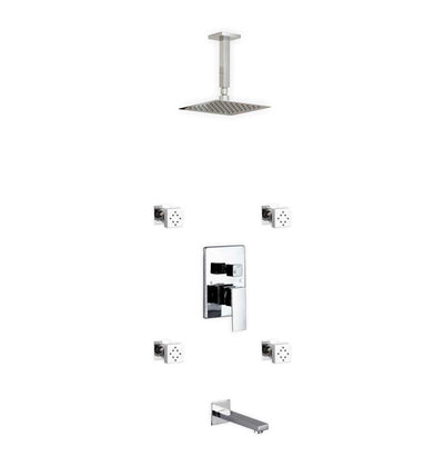 Aqua Piazza Brass Shower Set with 8″ Ceiling Mount Square Rain Shower, Tub Filler and 4 Body Jets