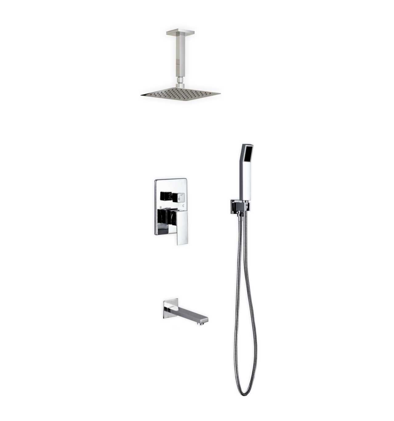 Aqua Piazza Brass Shower Set with 8ā³ Ceiling Mount Square Rain Shower, Handheld and Tub Filler