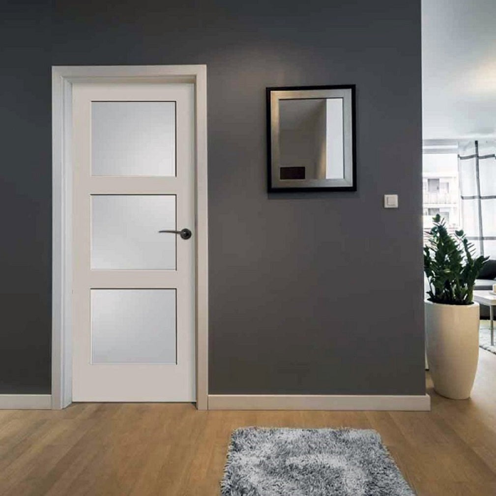 Frosted Glass 34-inch x 80-inch x 1-3/8-inch 3-Panel Interior Door Primed White With Tempered Glass