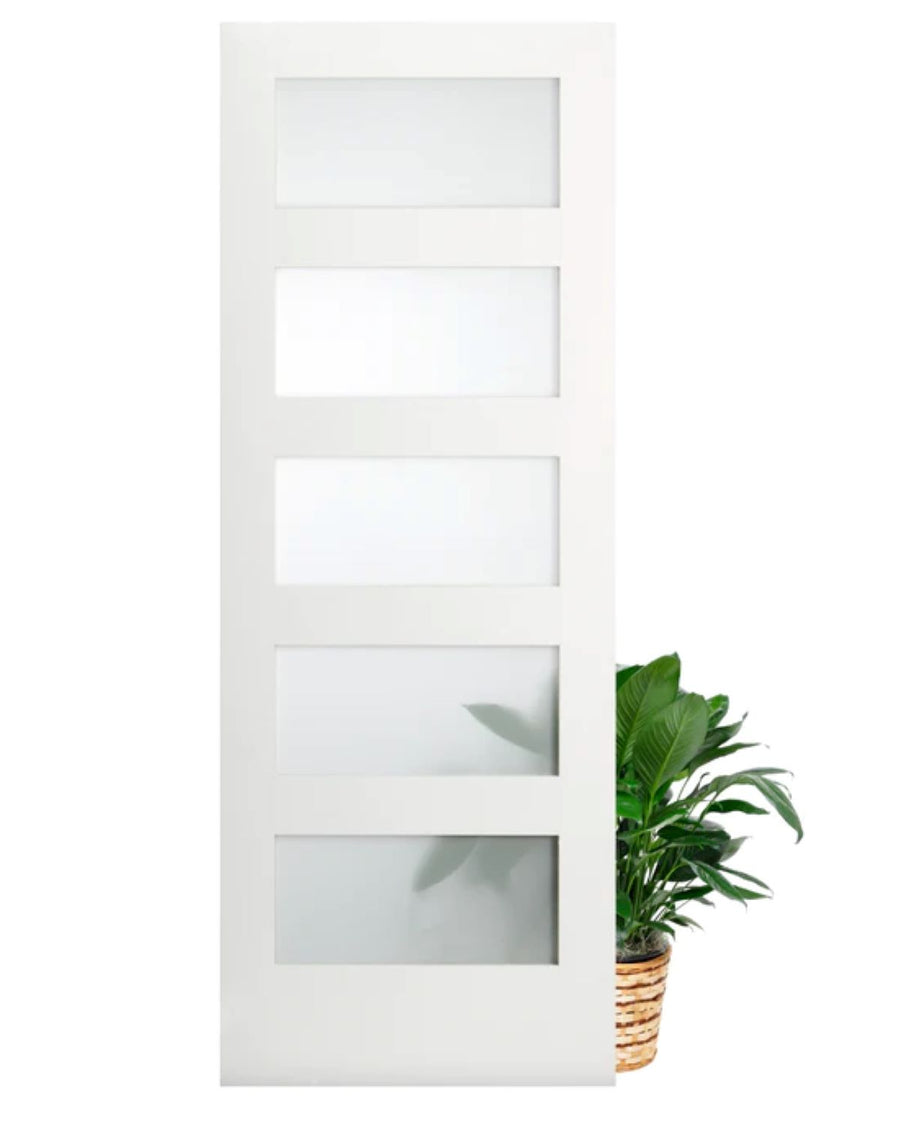 Frosted Glass 36-inch x 80-inch x 1-3/8-inch 5-Panel Interior Door Primed White With Tempered Glass