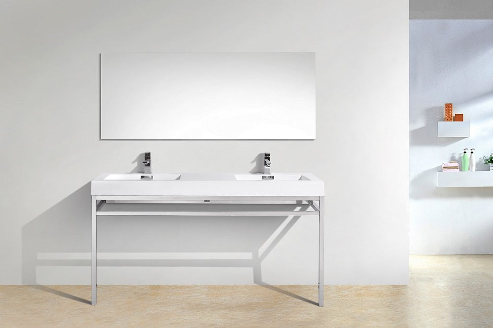 Haus 60" Double Sink Stainless Steel Console With White Acrylic Sink