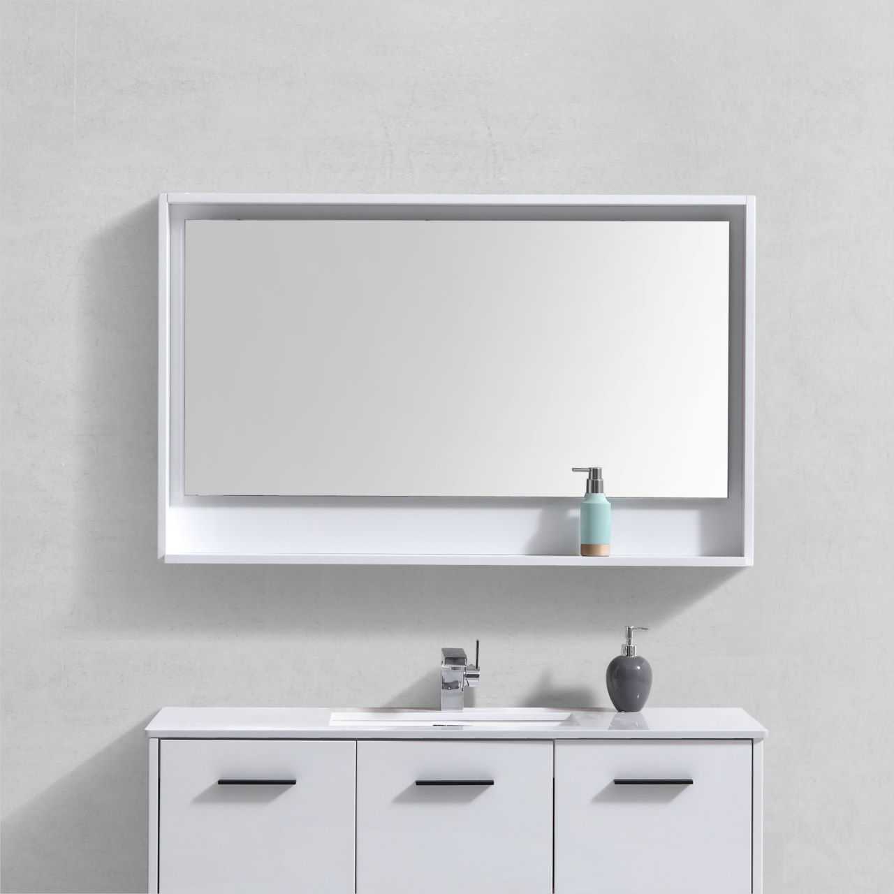 Bosco 48″ Framed Mirror With Shelve – Gloss White Finish