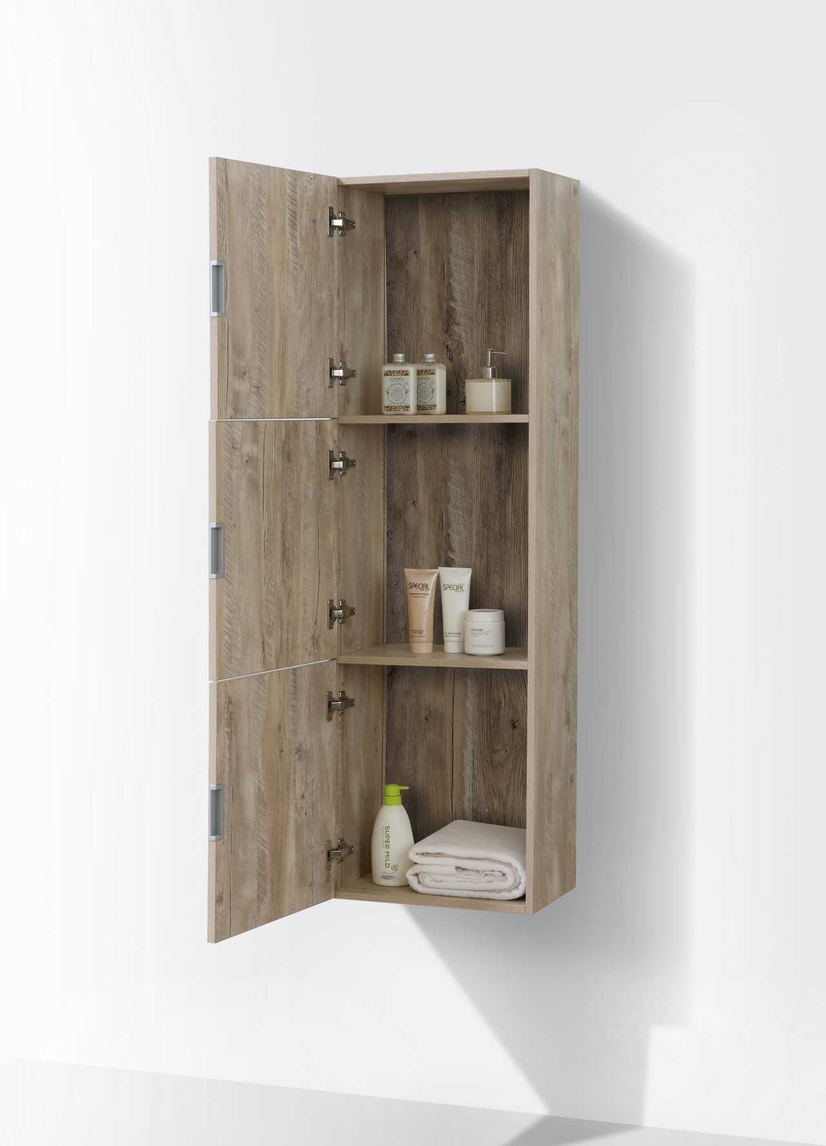 Bliss 18″ Wide by 59″ High Linen Side Cabinet With Three Doors in Nature Wood Finish