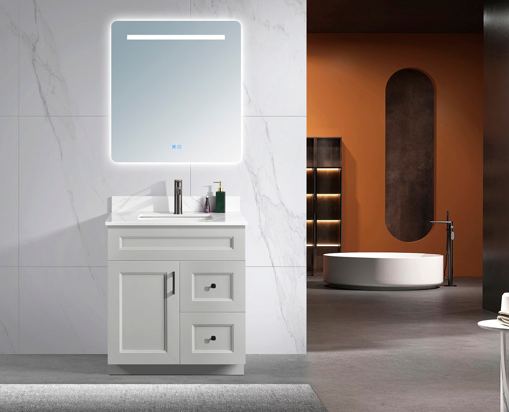Tesoro 30" Shaker Bathroom Vanity With Quartz Countertop (Solid Wood)-Right-Side Drawers
