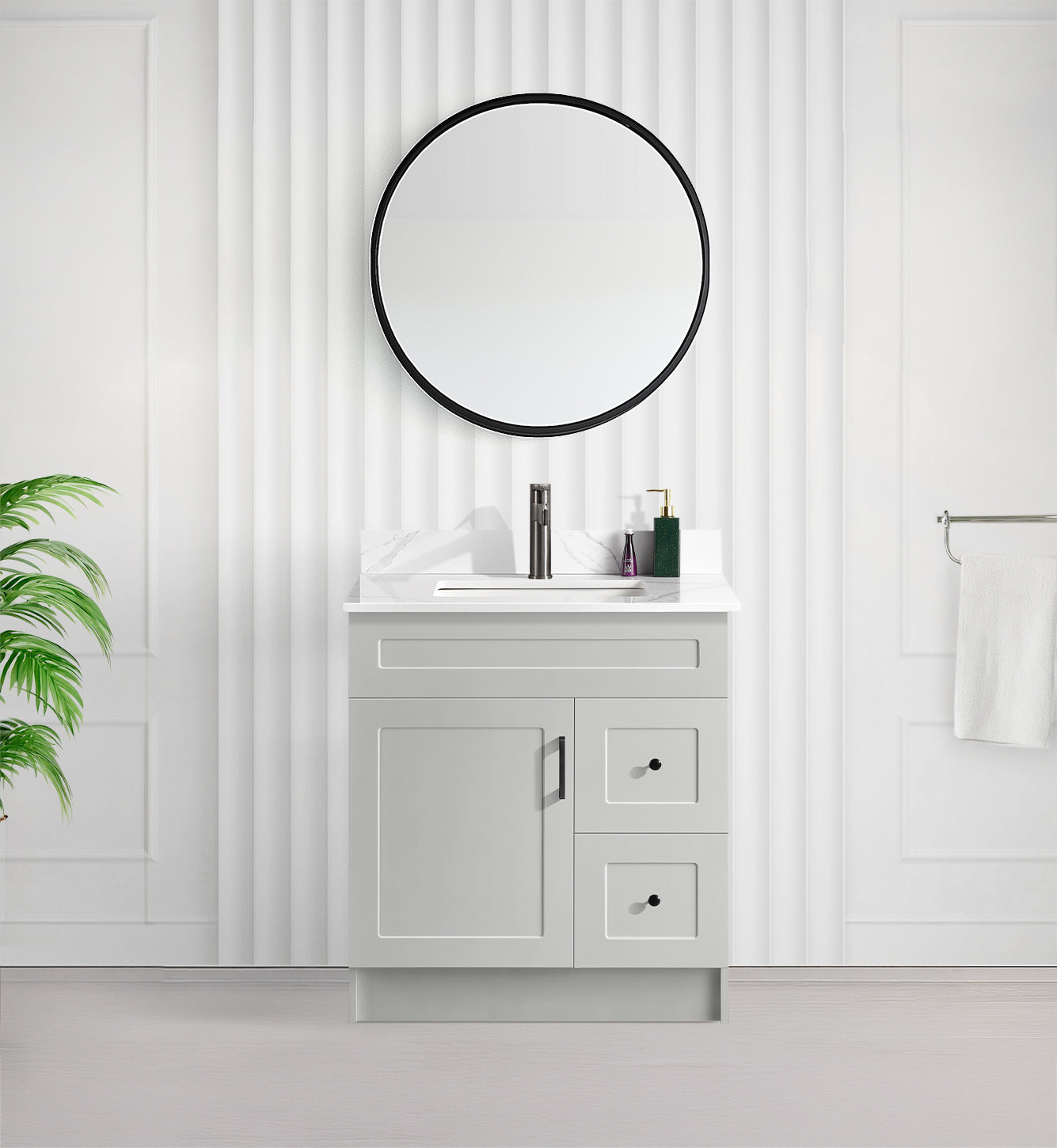 Tesoro 42" Shaker Bathroom Vanity With Quartz Countertop (Solid Wood)-Right Side Drawers