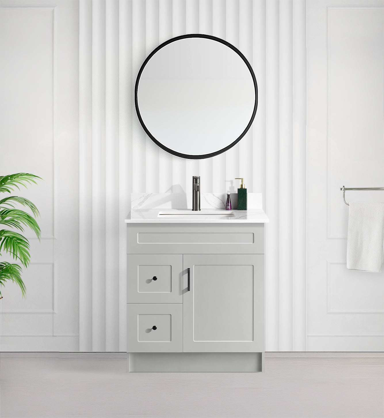 Tesoro 30" Shaker Bathroom Vanity With Quartz Countertop (MDF)-Left-Side Drawers