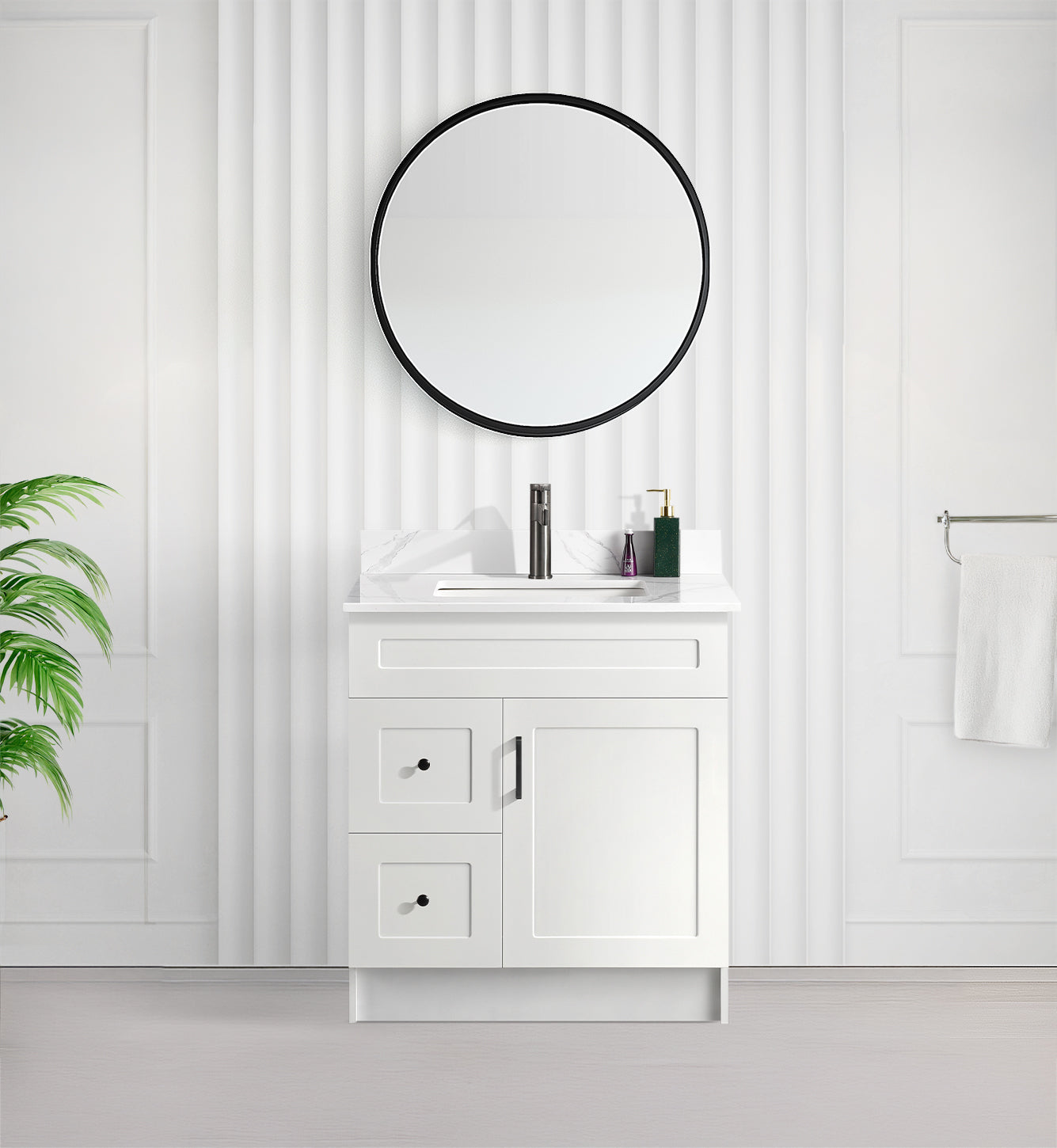 Tesoro 30" Shaker Bathroom Vanity With Quartz Countertop (MDF)-Left-Side Drawers