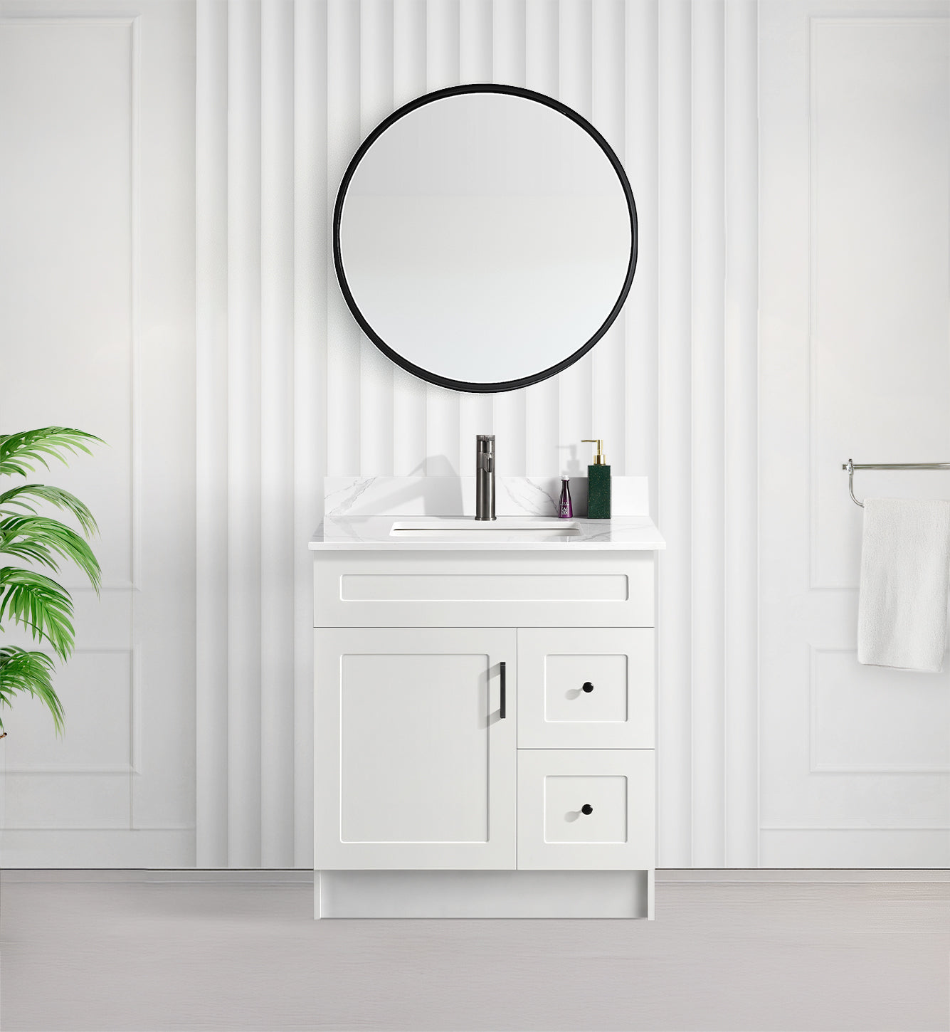 Tesoro 30" Shaker Bathroom Vanity With Quartz Countertop (MDF)-Right-Side Drawers