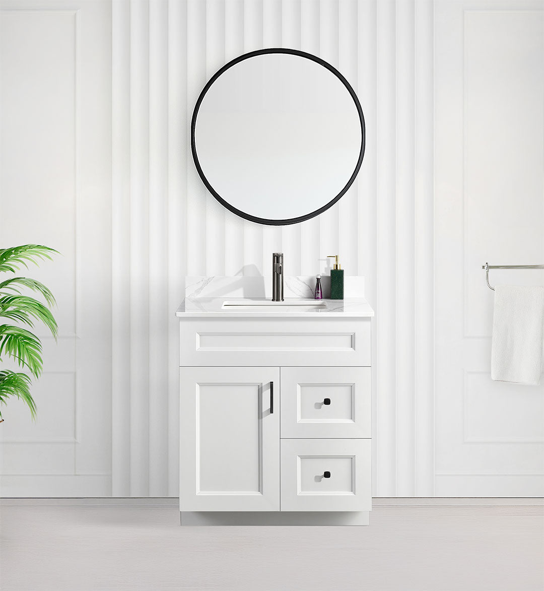 Tesoro 30" Shaker Bathroom Vanity With Quartz Countertop (Solid Wood)-Right-Side Drawers
