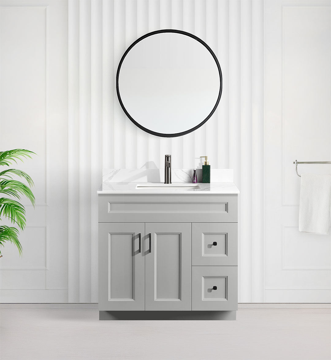 Tesoro 36" Shaker Bathroom Vanity With Quartz Countertop (Solid Wood)-Right Side Drawers