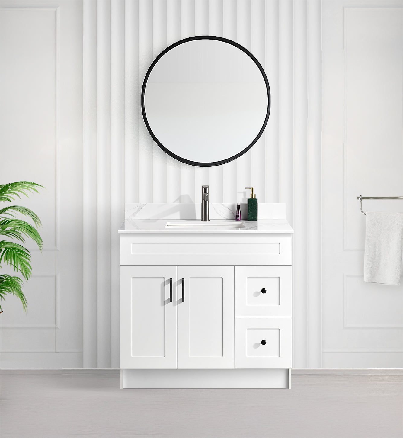 Tesoro 36" Shaker Bathroom Vanity With Quartz Countertop (MDF)-Right-Side Drawers