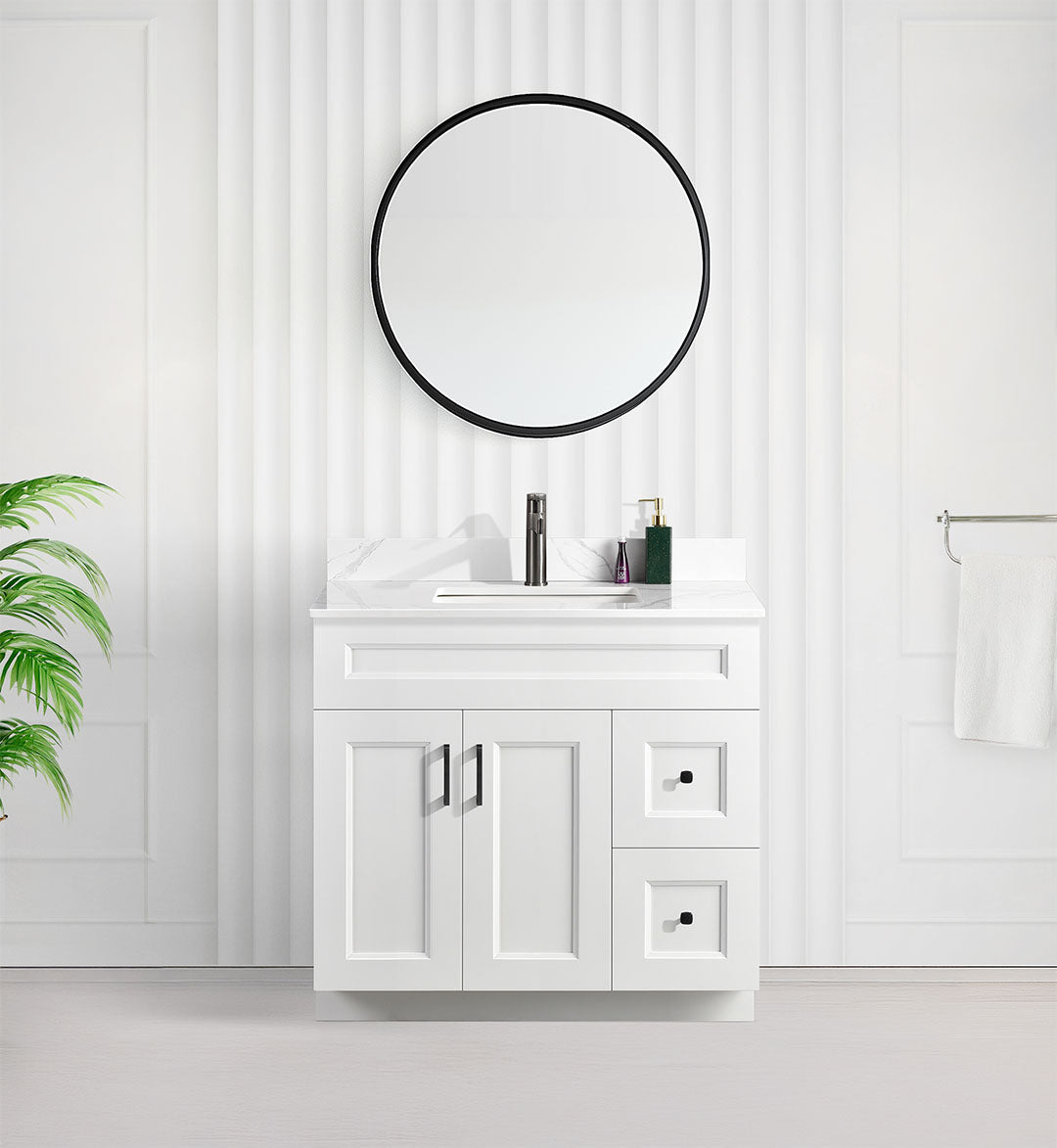 Tesoro 36" Shaker Bathroom Vanity With Quartz Countertop (Solid Wood)-Right Side Drawers