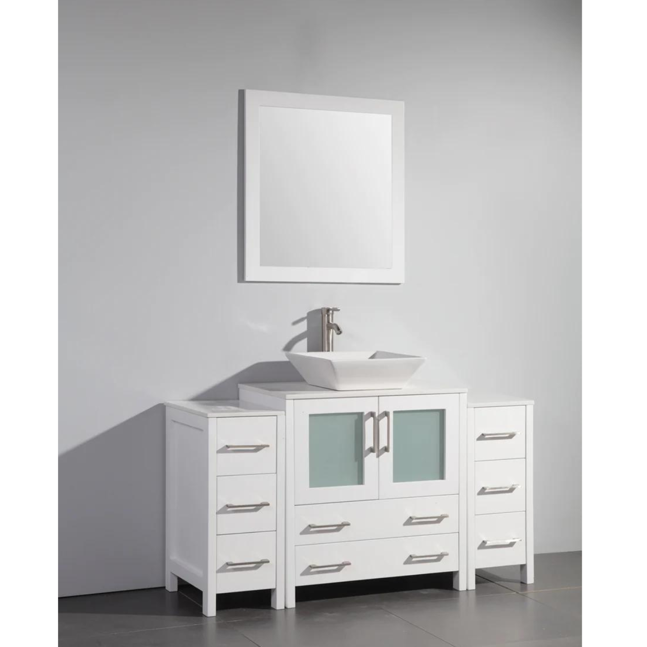 Bristol 54" Single Vessel Sink Bathroom Vanity Set with Sink and Mirror - 2 Side Cabinets