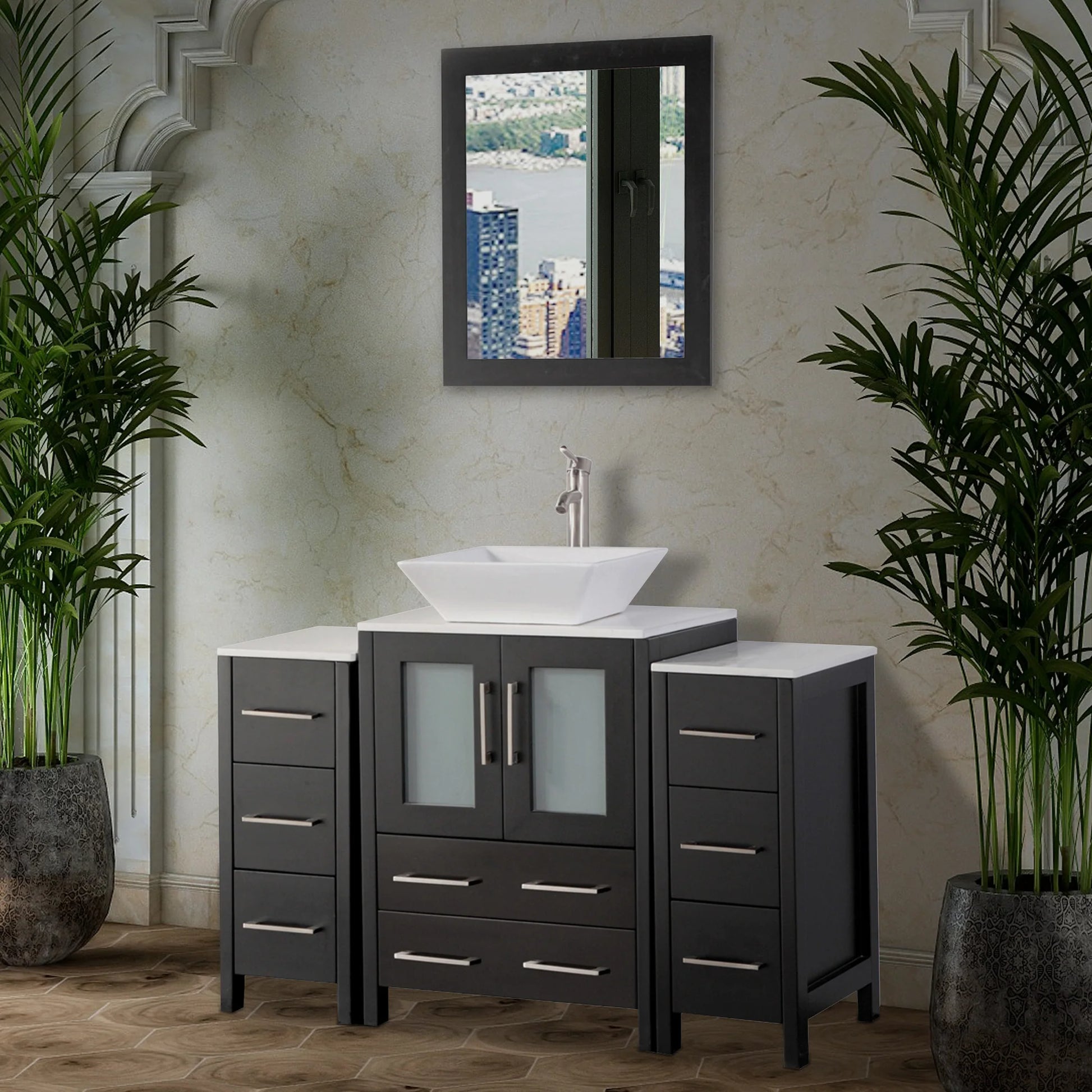 Vanity Art - Bristol 48" Single Vessel Sink Bathroom Vanity Set with Sink and Mirror - 2 Side Cabinets