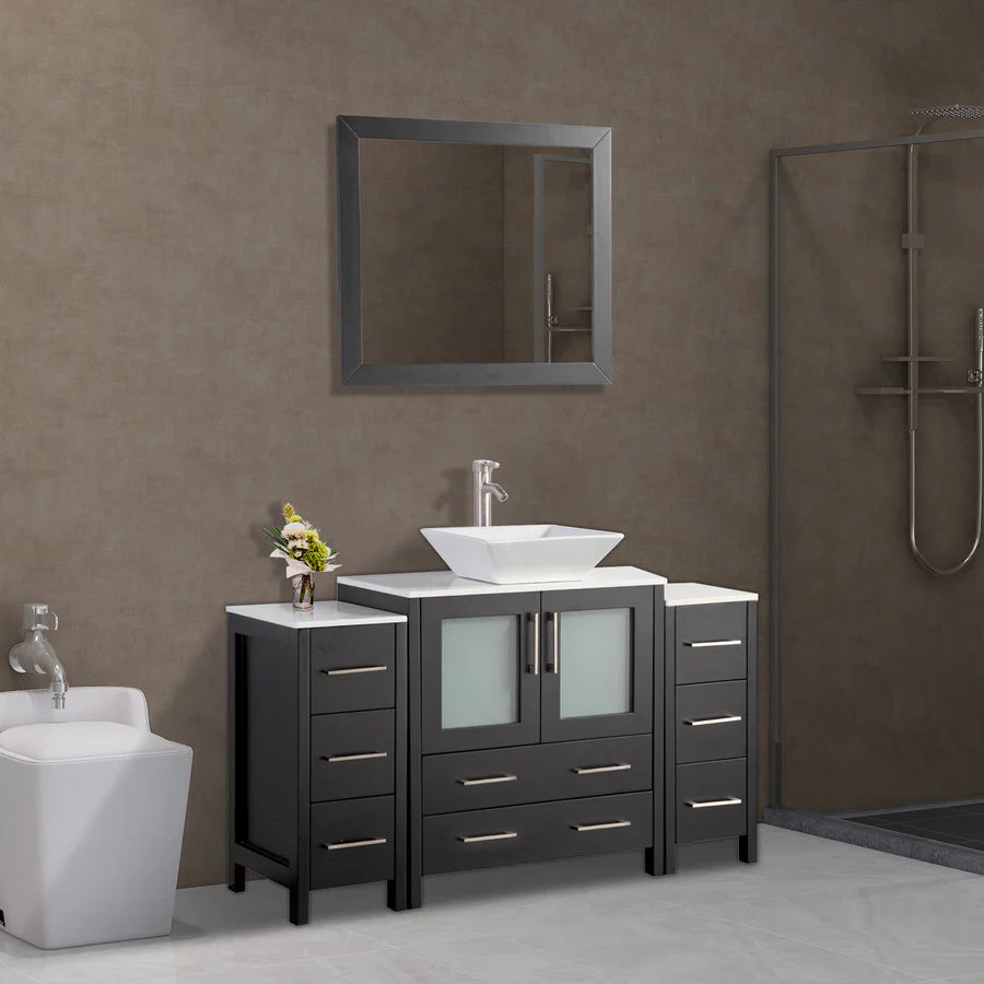 Bristol 54" Single Vessel Sink Bathroom Vanity Set with Sink and Mirror - 2 Side Cabinets