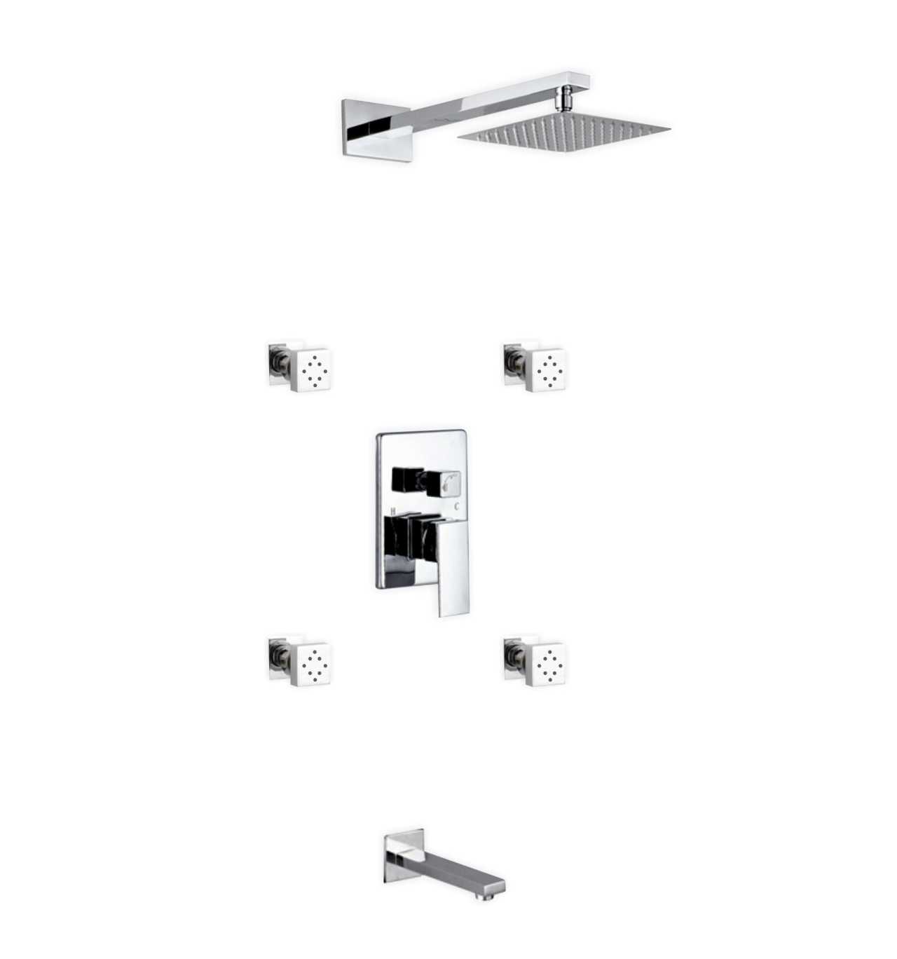 Aqua Piazza Brass Shower Set with 8ā³ Square Rain Shower, 4 Body Jets and Tub Filler