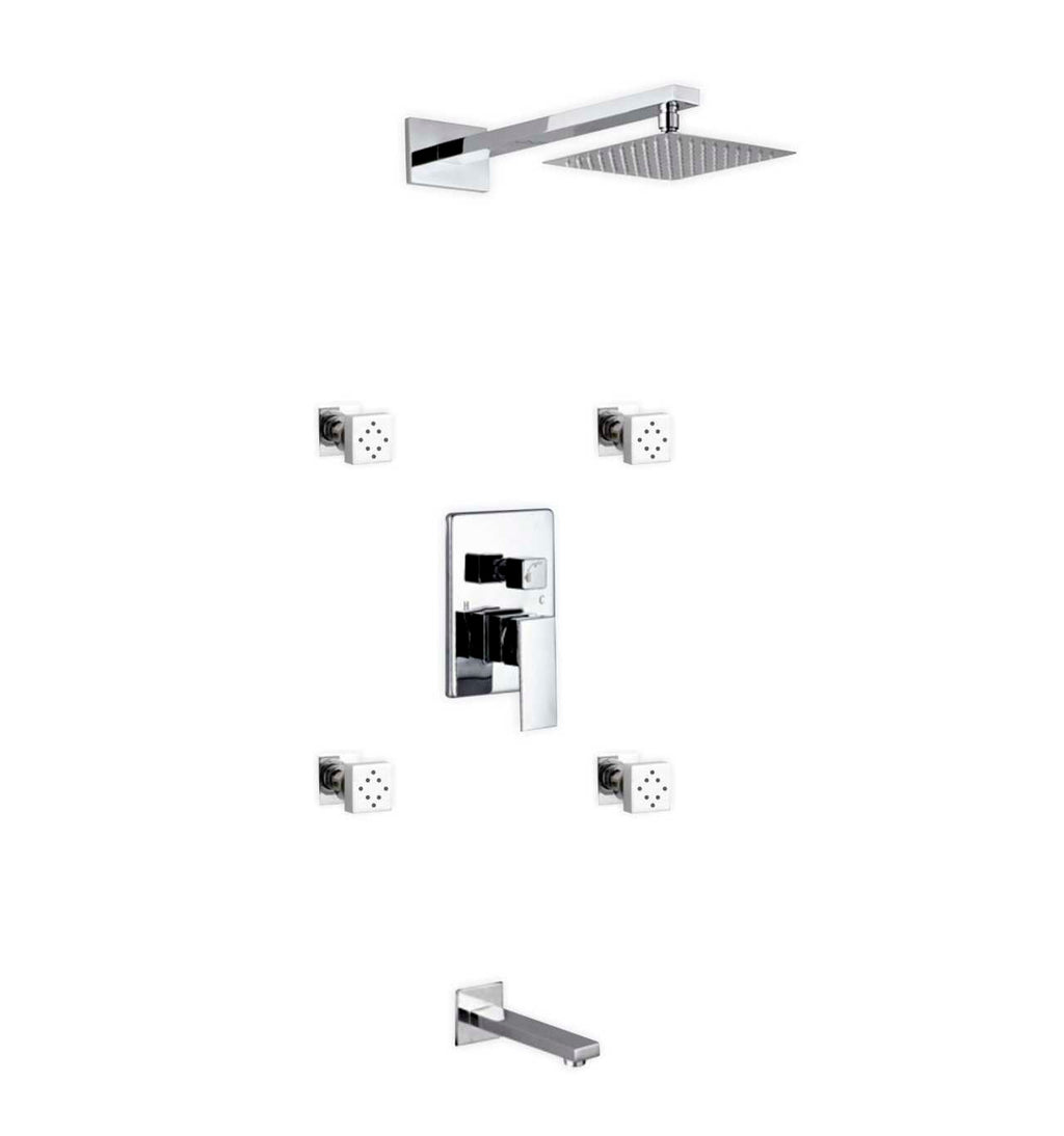 Aqua Piazza Brass Shower Set with 8″ Square Rain Shower, 4 Body Jets and Tub Filler