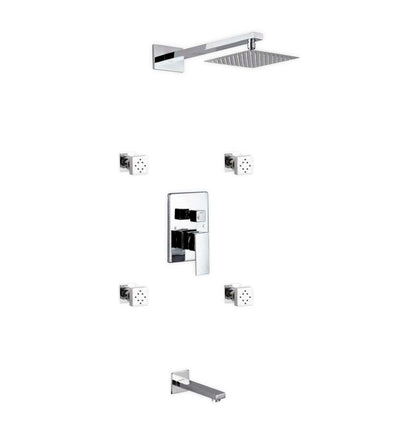 Aqua Piazza Brass Shower Set with 8″ Square Rain Shower, 4 Body Jets and Tub Filler