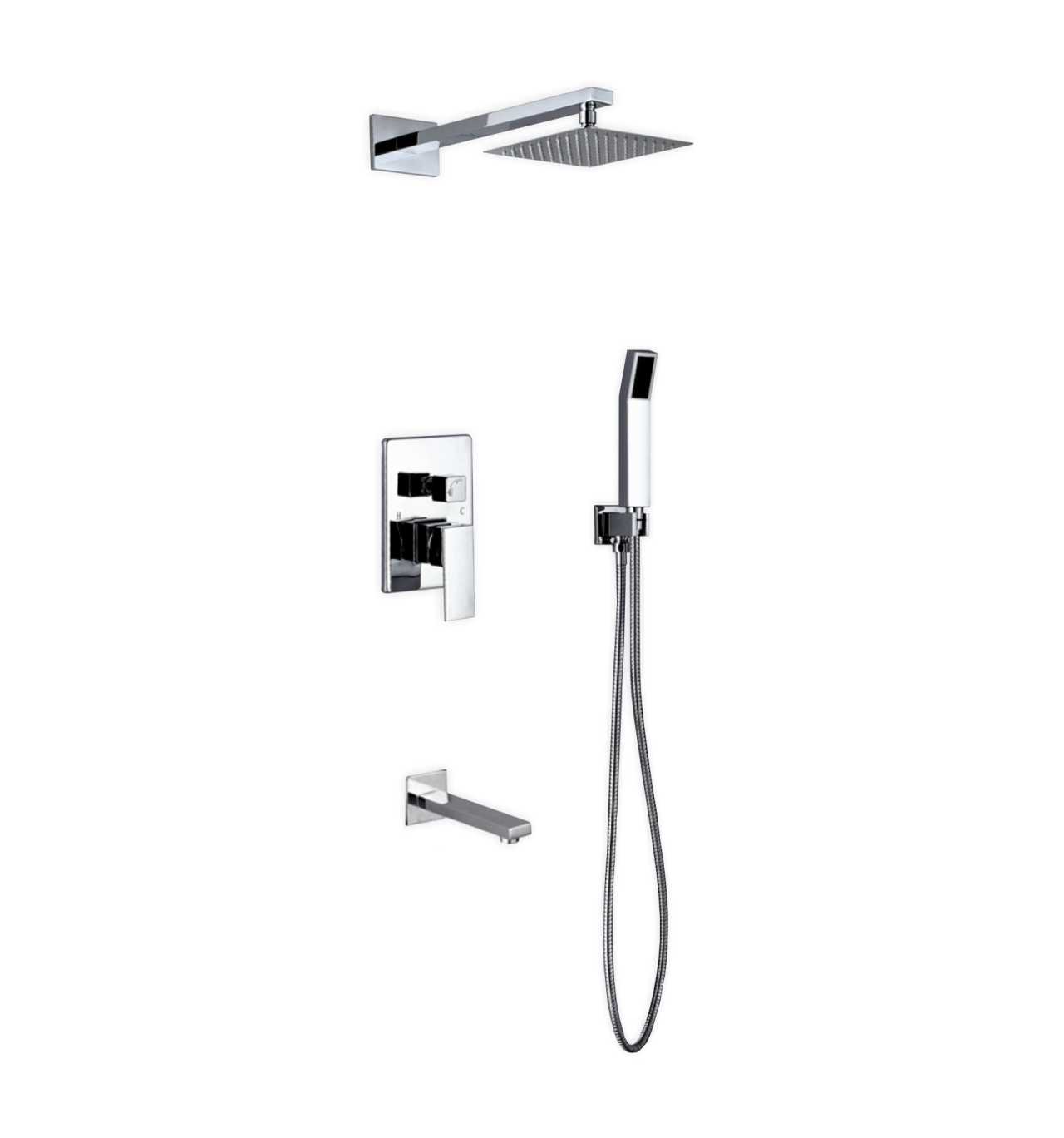 Aqua Piazza Brass Shower Set with 8ā³ Square Rain Shower, Tub Filler and Handheld