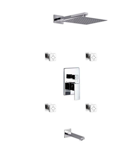 Aqua Piazza Brass Shower Set with 12″ Square Rain Shower, Tub Filler and 4 Body Jets