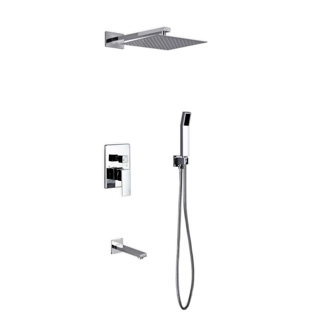 Aqua Piazza Brass Shower Set with 12ā³ Square Rain Shower, Handheld and Tub Filler