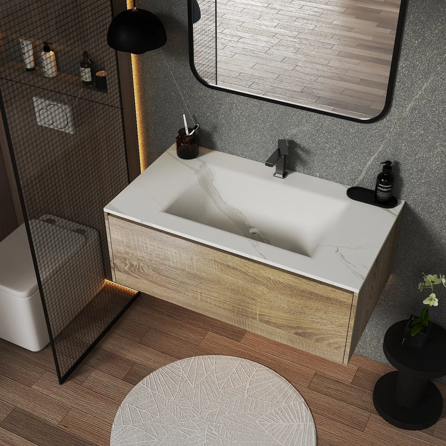 Aventino vanity with drawers open — Blum TandemBox soft-close slides