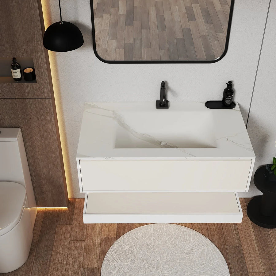 Aventino wall-mounted vanity — side profile showing floor clearance