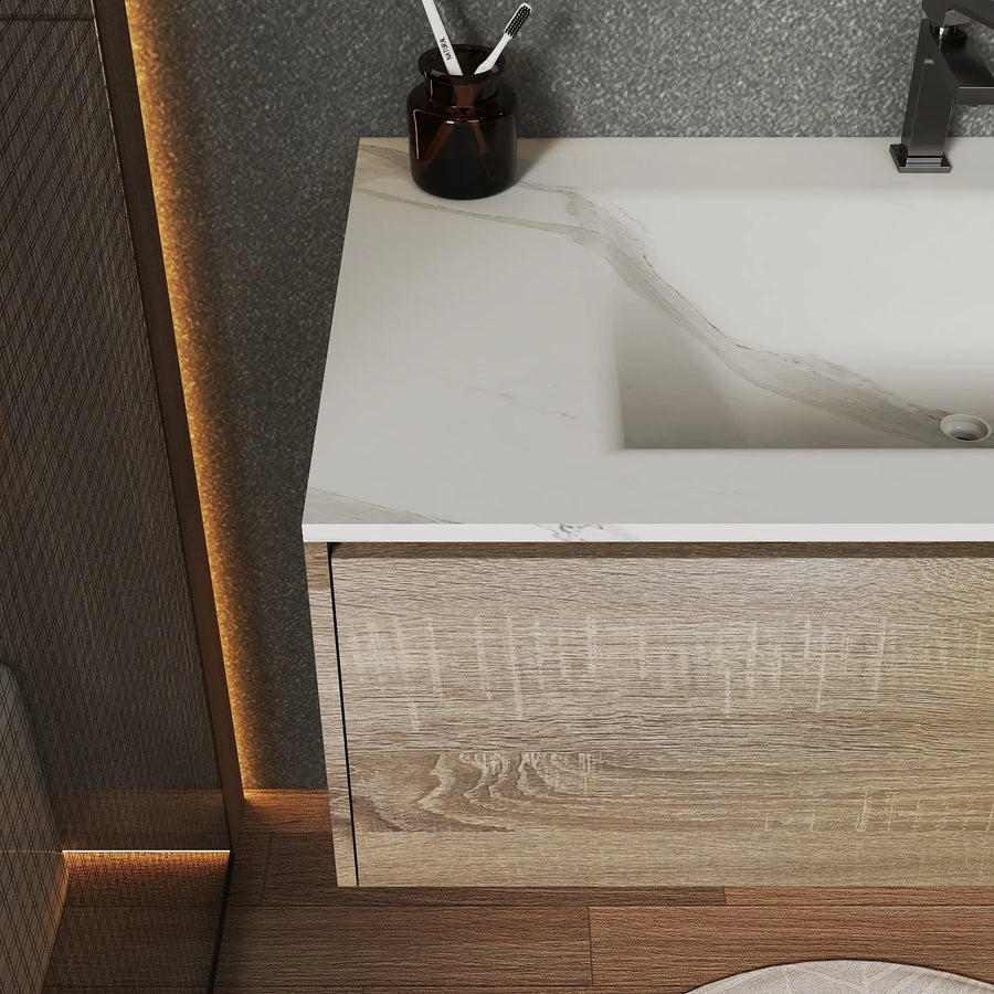 Aventino wall-mounted vanity — side profile showing floor clearance
